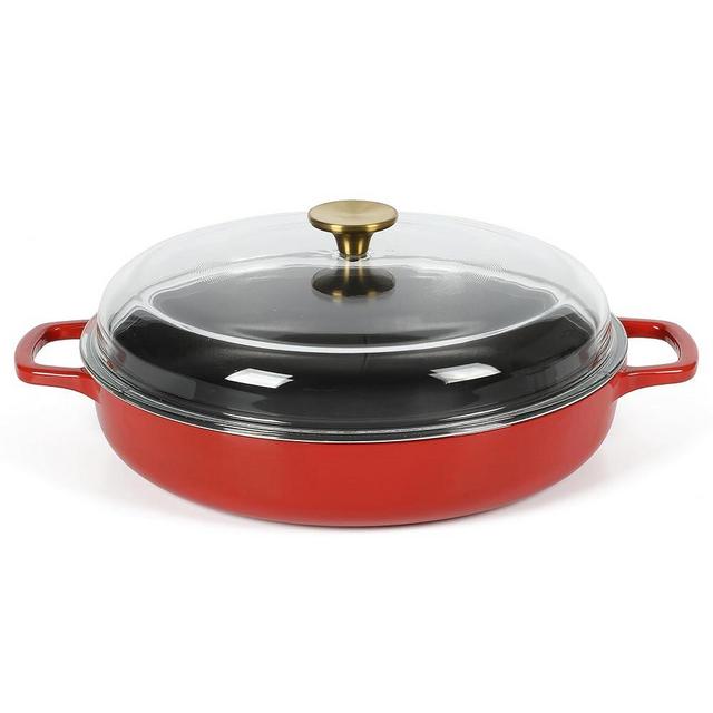 Sur La Table Kitchen Essentials Supper Club 3.75 Quart Enamel Cast Iron All In One Multi-Purpose Non-Toxic Nonstick Braiser Pan W/Borosilicate Glass Lid - Red