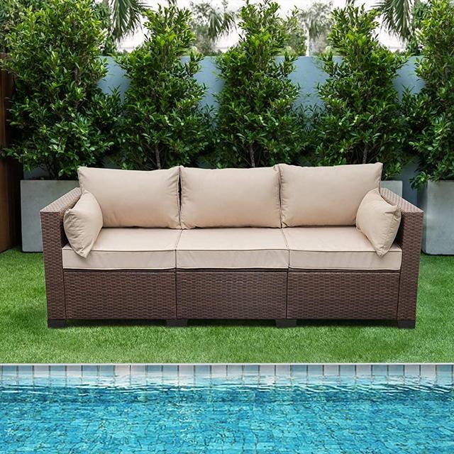 Patio PE Wicker Couch - 3-Seat Outdoor Brown Rattan Sofa Seating Furniture with Beige Cushion