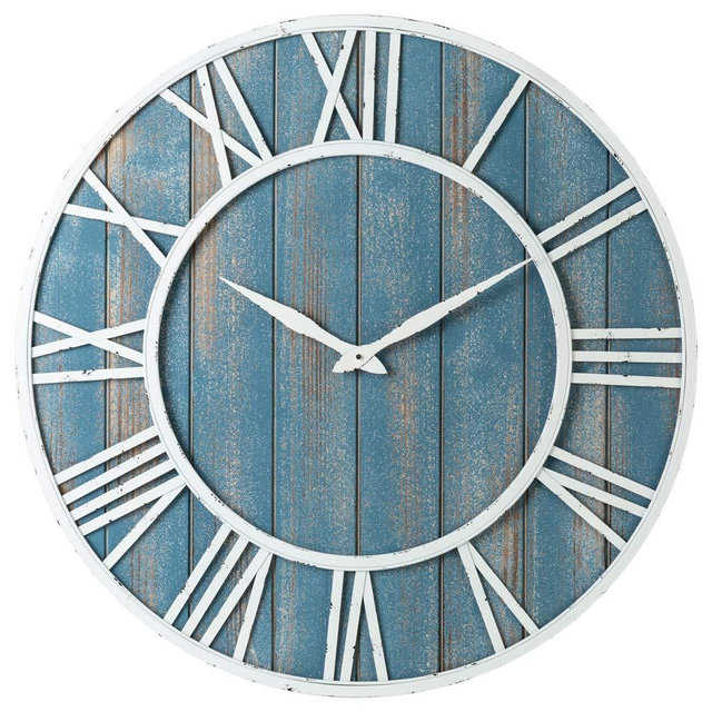 30" Coastal Wall Clock - Metal & Solid Wood Noiseless Weathered Beach Blue Wall Clock