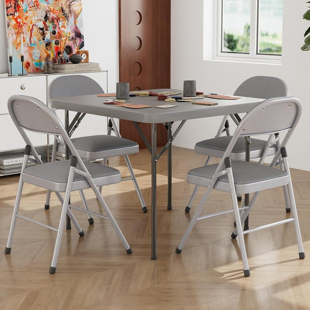 VECELO 5 Piece Folding Card Table Square and Chairs Set, Collapsible Legs & Portable for Indoor/Outdoor, Picnic, Dark Grey