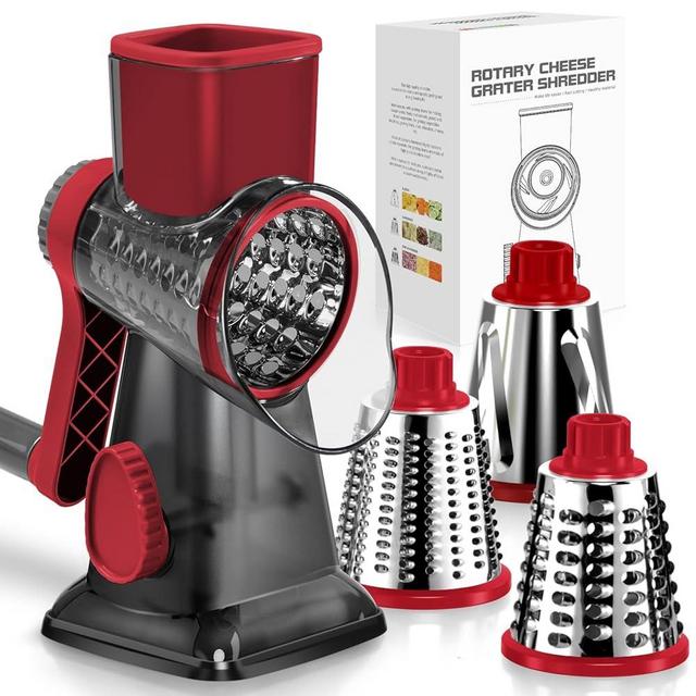 KEOUKE Rotary Cheese Grater Hand Crank Transparent - Shredder Slicer Grinder 3 Stainless Steel Blades, Stable Suction, Labor-Saving Handle, Safe Kitchen Tool for Cheese, Vegetable, Nuts, Chocolate