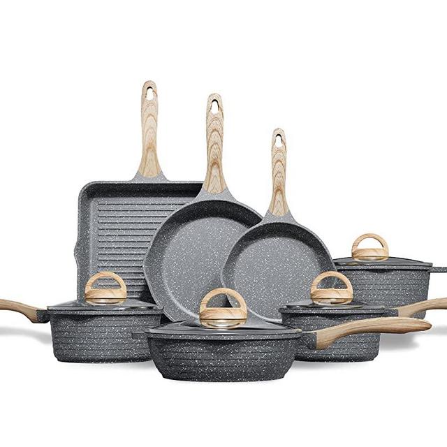 JEETEE Pots and Pans Set Nonstick, Granite Coating Cookware Sets Induction Compatible 20 Pieces with Frying Pan, Saucepan, Sauté Pan, Grill Pan, Cooking Pots, PFOA Free, (Grey, 20pcs Cookware Set)