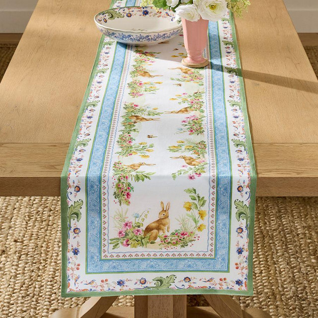 Botanical Bunny Cotton Table Runner, 18" x 108" - Multi