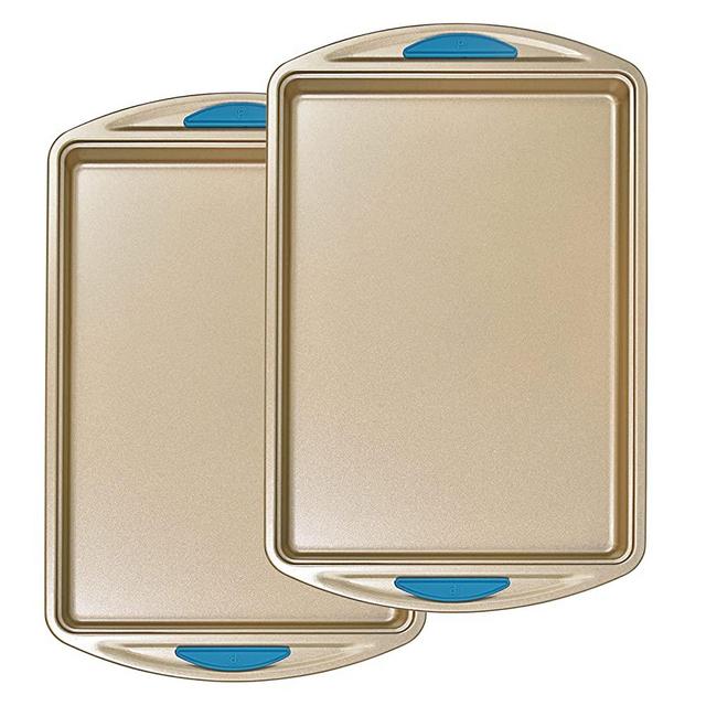 Perlli Cookie Sheet Baking Pan 2 Piece Set, Gold Nonstick Trays with Blue  Silicone Hand Grips Oven Bakeware Pans Set, Premium Quality Carbon Steel