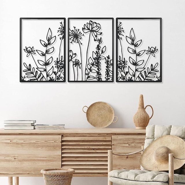 Therwen 3 Pcs Metal Wall Art Minimalist Wall Decor for Bedroom Black Metal Flowers Wall Decor Hanging Metal Flower Bathroom Wall Art Floral Line Wall Sculpture Kitchen Decoration 16.5 x 11.8 Inch