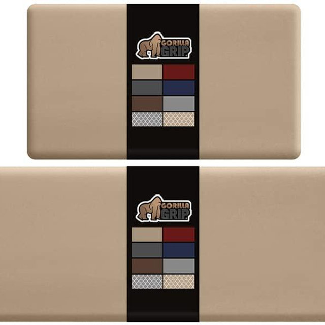 Gorilla Grip 2 Piece Cushioned Kitchen Anti Fatigue Comfort Mat, Comfortable Thick Padded Rug, Stain Resistant Supportive Durable Cushion Rugs, Office Standing Desk Floor Mats, 17x29 and 17x59, Beige