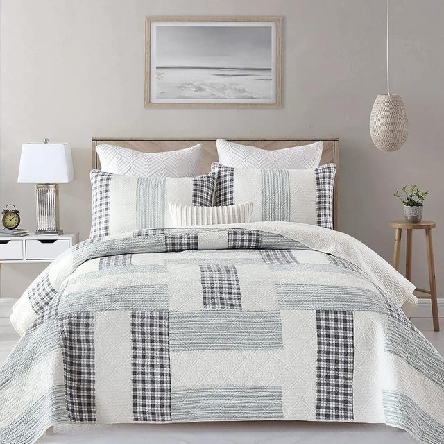 Finlonte Quilt King Size 100% Cotton Lightweight Soft King Quilt Real Patchwork Plaid Quilted Bedspread Black Gray White Quilt Bedding Set 3 Pieces