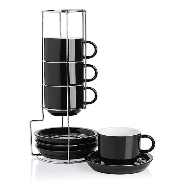 SWEEJAR Porcelain Cappuccino Cups with Saucers and Metal Stand, 8 Ounce Stackable Espresso Cups for Specialty Coffee Drinks, Latte, Americano, Tea - Set of 4 (Black)