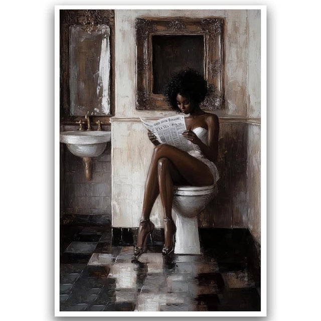 XASUBH Black Women Art African American Bathroom Decor Picture Reading Woman Poster 16x24 Inch Modern Minimalist Painting Artwork UnFramed Wall Decor for Bathroom