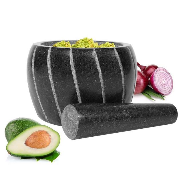 Mortar and Pestle, 2 Cup Capacity, 6 Inch Heavy-Duty Large Natural Granite Mortar and Pestle Set, for Guacamole Salsa Pastes Pesto Herbs, Grind and Crush Pills Spices Seeds Nuts, Black Stone Grinder