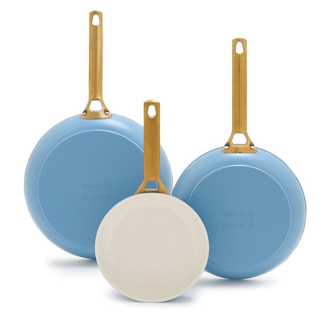 GreenPan Hard Anodized Healthy Ceramic Nonstick 8" 10" & 12" 3 Piece Frying Pan Skillet Set, Gold Handle, PFAS-Free, Dishwasher Safe, Oven Safe, Sky Blue