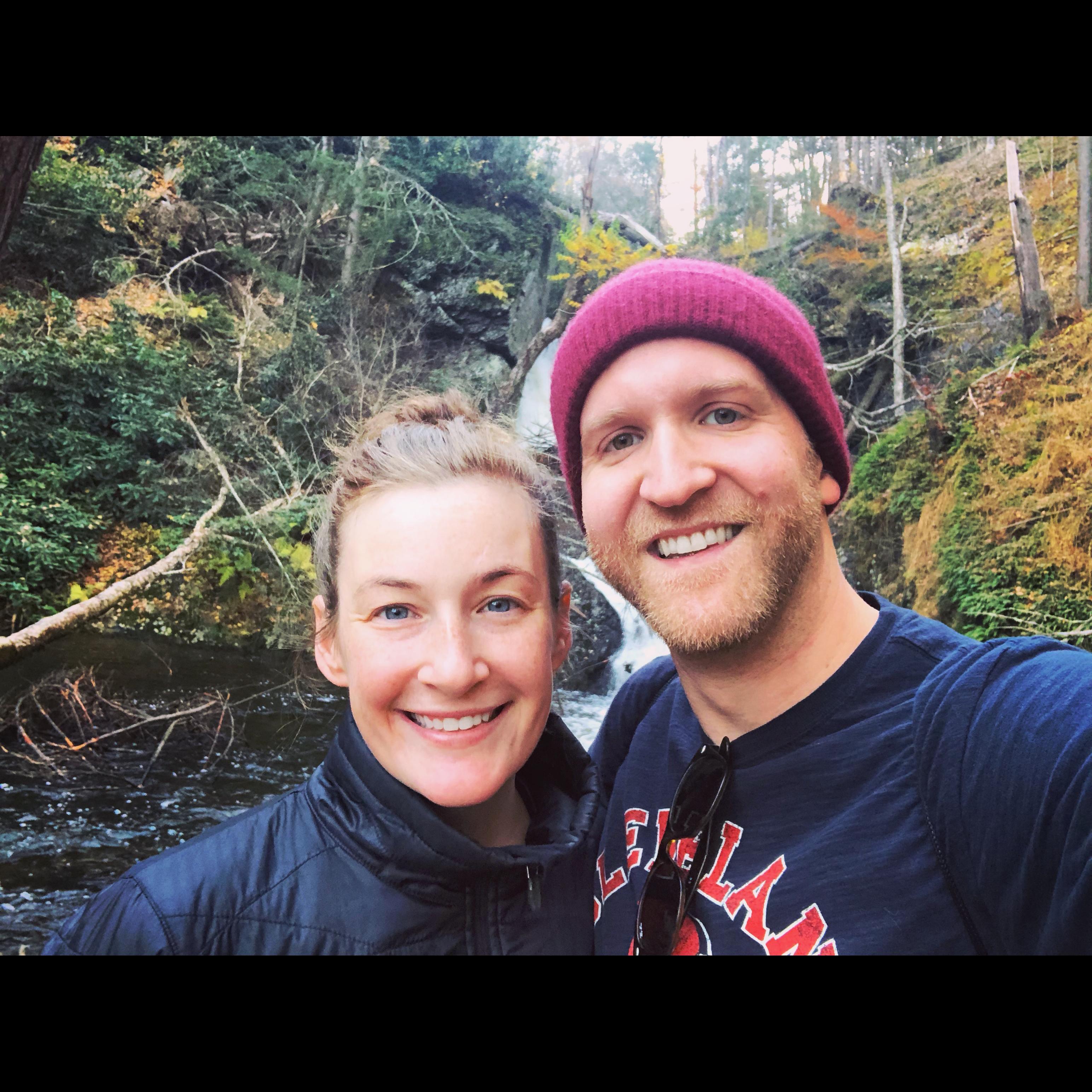 Hiking by our favorite cabin in the Poconos Mountains.