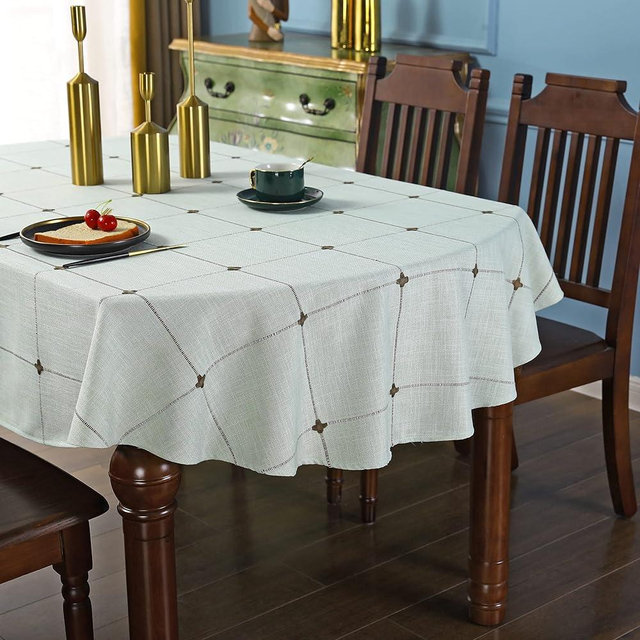 QsyyHome Lattice Oval Tablecloth Rustic Embroidery Cotton Linen Fabric Light Green Checkered Table Cover Tablecloths for Kitchen Dining Party Tabletop Decoration 60 x 84 inches