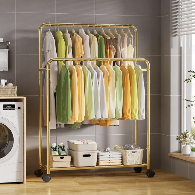 Simple Trending Clothing Clothes Rack Double Rods with Wheels, Rolling Metal Garment Rack for Hanging, Gold