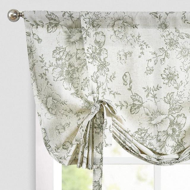 JINCHAN Tie Up Valance Floral Linen Valance for Window Farmhouse Valance 45 Inch Peonies Botanical Short Window Treatment Adjustable for Kitchen Living Room Light Filtering 1 Panel Sage Green on Beige