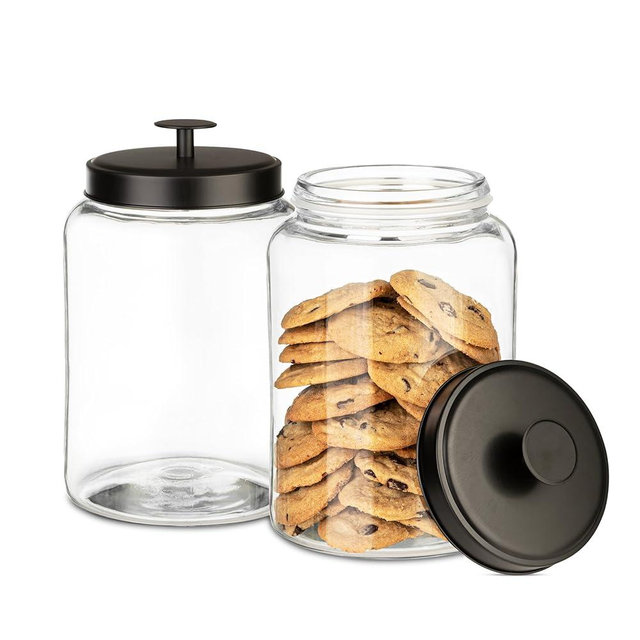 kitchentoolz 1 Gallon Glass Cookie Jar with Matte Black Metal Lids Airtight Storage Container - Ideal for Food, Treats, Candy, Dried Food - Perfect for Kitchen or Laundry Room- Pack of 2