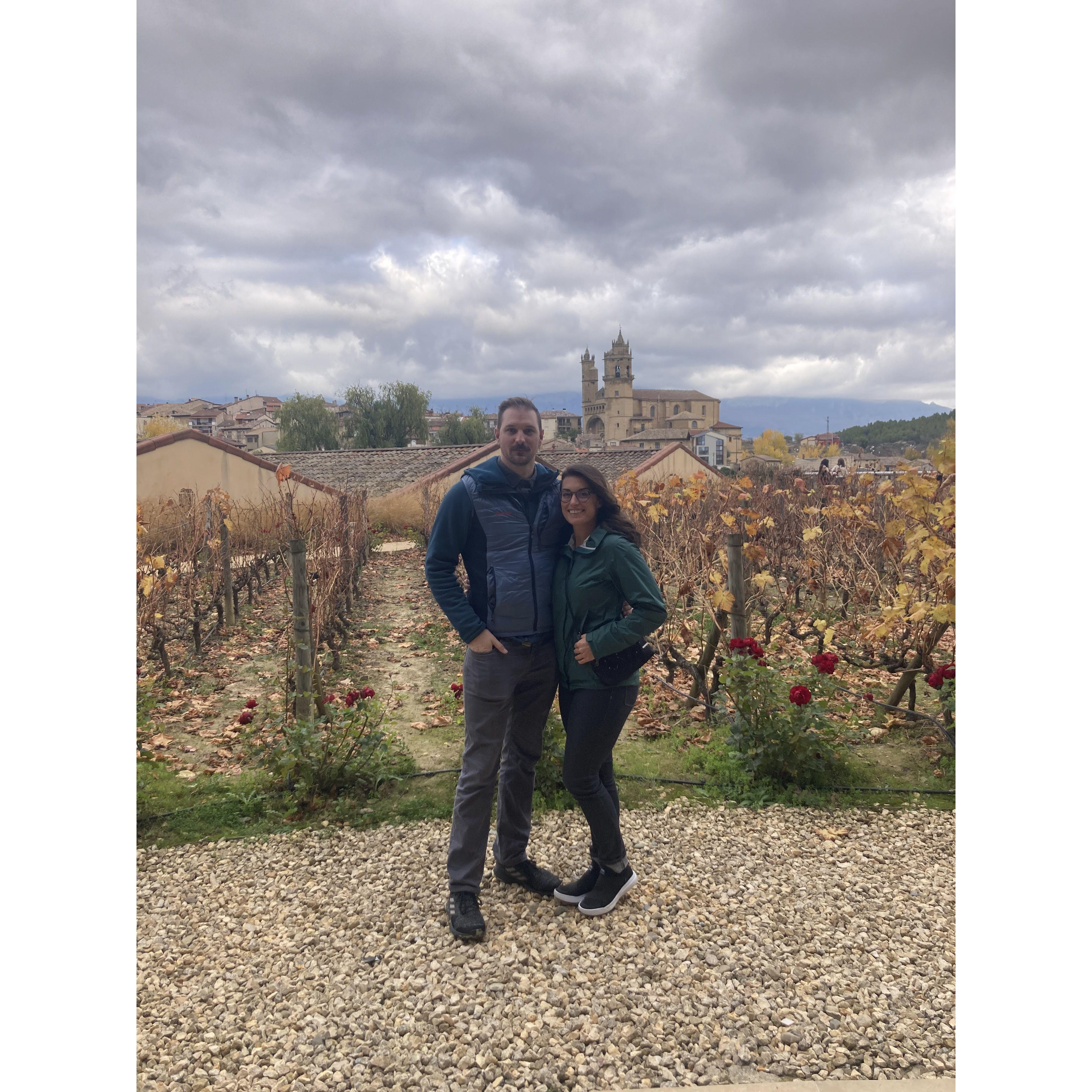 Our first international trip to Spain! We snuck into one of the largest and fanciest bodegas in La Rioja, the Marques de Riscal for this photo and some wine tasting...