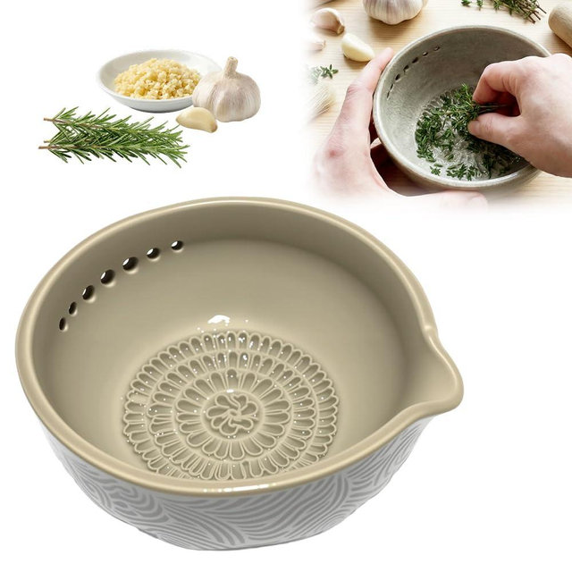 Handmade Garlic Grater and Herb Bowl,Herb Stripper Bowl with Grater,2-in-1 Stoneware Kitchen Prep Tool with 7 Hole Sizes (1 PCS)