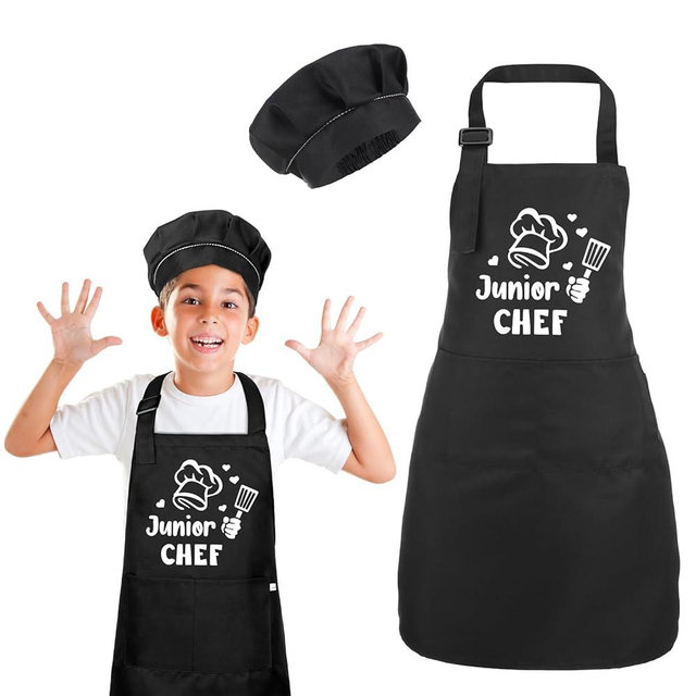 Auidy_6TXD Kids Apron and Chef Hat Set, Funny Apron (Junior CHEF) Adjustable Child Apron with 2 Pockets Waterproof Chef in Training Gifts for Boys and Girls 61.5 x 45 cm