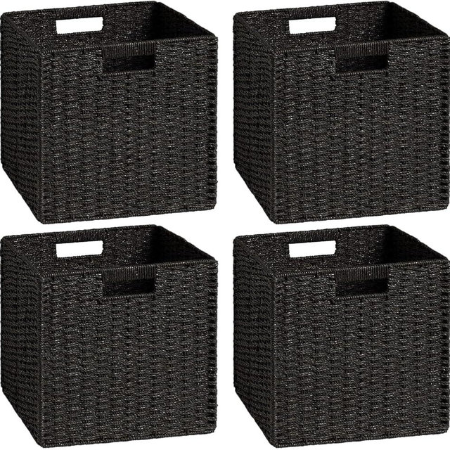 UBBCARE 4 Pack Wicker Basket, 11.8L×11.8H×11W inch Woven Paper Rope Storage Baskets for shelves, Foldable Cube Storage bin with Handle, Storage Basket for Organizing & Decor, Black