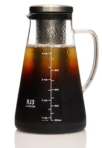 Airtight Cold Brew Iced Coffee Maker and Tea Infuser with Spout - 1.0L / 34oz Ovalware RJ3 Brewing Glass Carafe with Removable Stainless Steel Filter