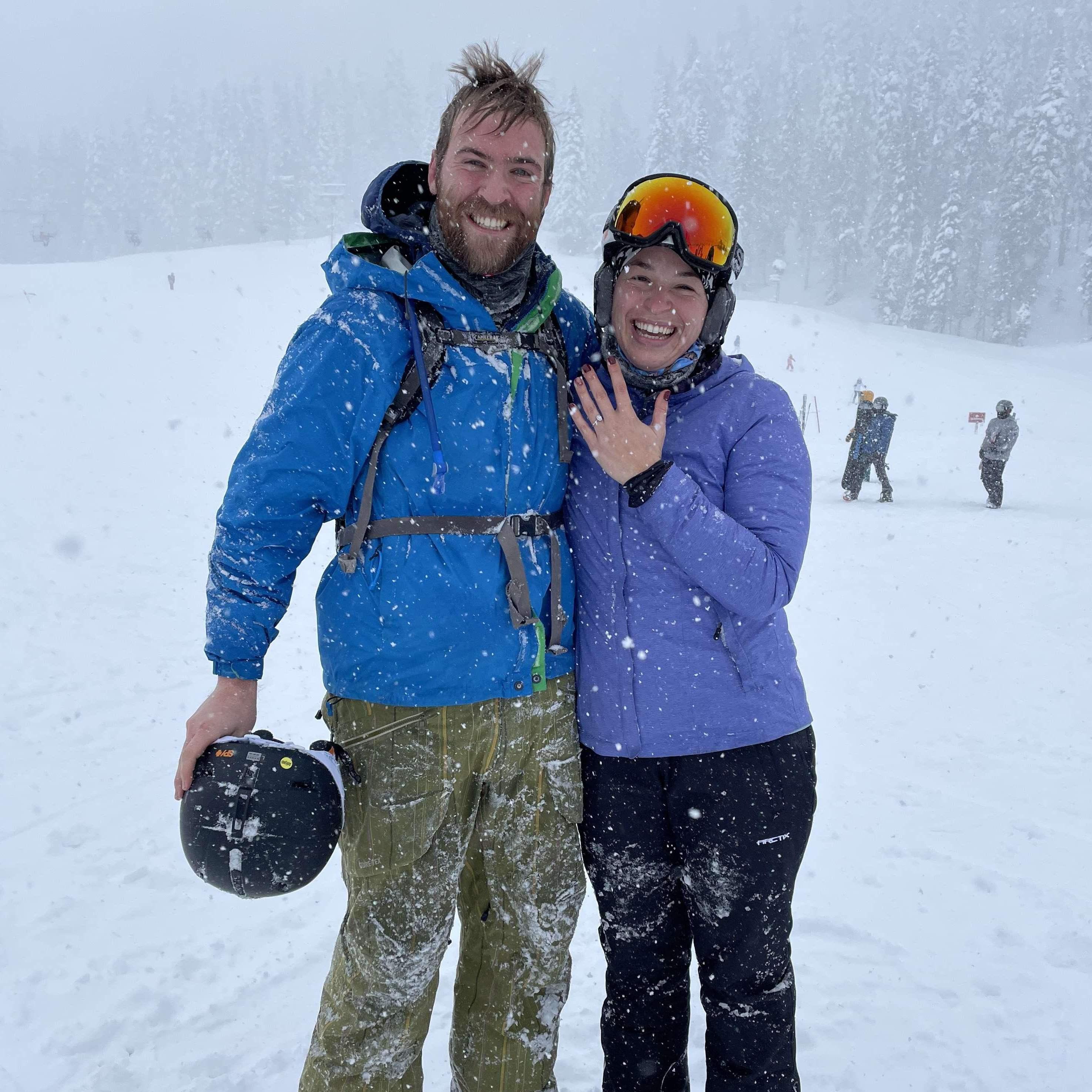 I said "yes" skiing in white-out conditions during the 2021 Tahoe superstorm! We celebrated our engagement stuck in the snow trying to escape the storm