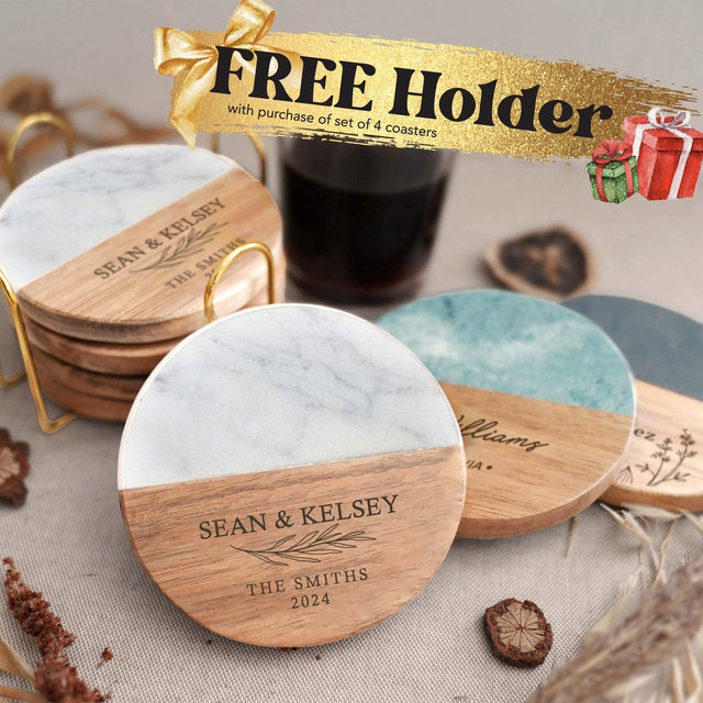 Bridal Shower Gift, Personalized Coasters, Housewarming Gifts for Home, Custom Coaster Set of 4 Marble and Wood, Couple Gift, Mother's Day