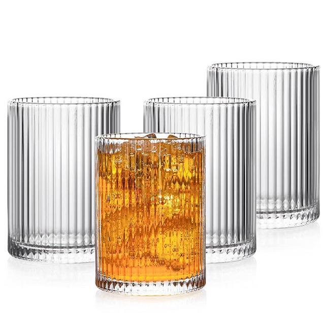 Drinking Glasses with Origami Style Set of 4 Glass Cups, 9oz Ribbed Glassware, 4 Short Dof Drinking Glass, Elegant Art Deco Ripple Vintage Glassware, Juice Glasses, Ideal for Cocktail, Whiskey, Beer