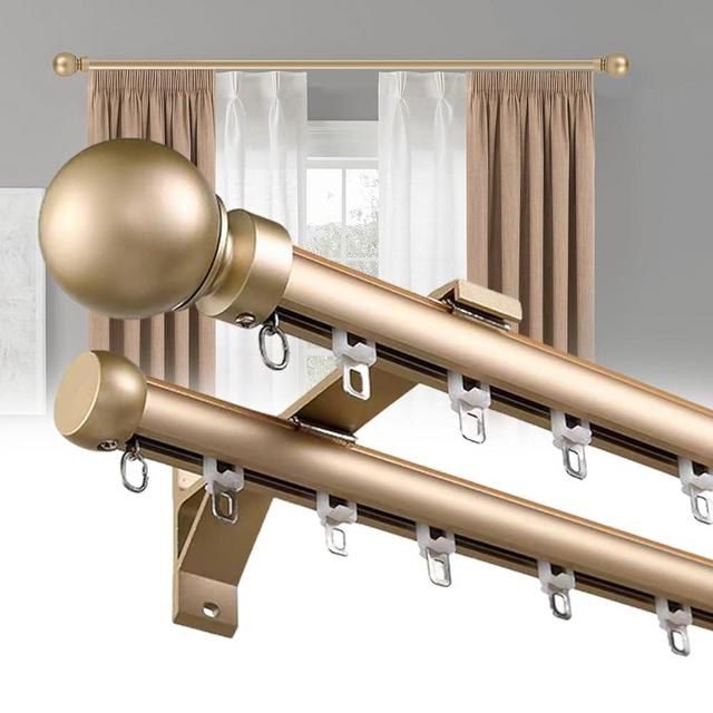 Double Curtain Rods for Windows, Heavy Duty Dual Rod Wall Mount Track Slilent Aluminum Alloy Brackets with Decorative Round Finials Rail for Bedroom/Living Room/Window/Hotel (Golden,2.2m(7.2ft))