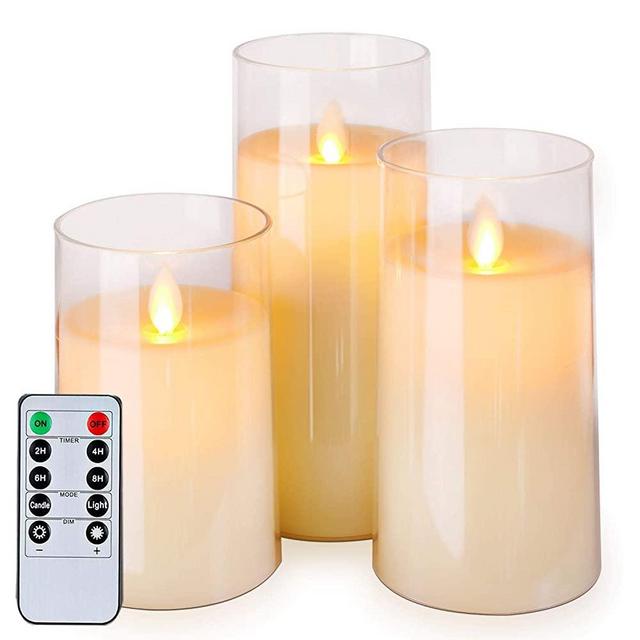 Homemory White Flickering Flameless Candles, Battery Operated Acrylic LED Pillar Candles with Remote Control and Timer, Set of 3