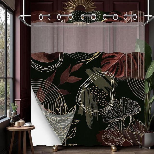 soeeao Black and Dark Red Hookless Shower Curtain with Snap in Liner, Burgundy Leaf No Hook Double Layer Shower Curtain and Liner Set, Ringless with Window Waterproof Cloth Fabric, 71" W x 74" L