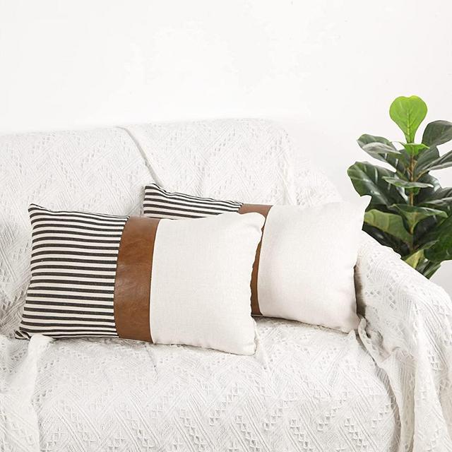 cygnus 12x20 Pillow Covers Set of 2 Farmhouse Decor Stripe Patchwork Linen Throw Lumbar Pillow Covers Modern Faux Leather Cushion Covers for Couch Sofa,Black