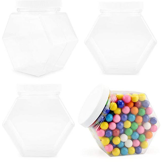 Cornucopia Plastic Hexagon Shaped Jars (4-Pack, 30oz); Value-Pack of Containers for Candy, Snacks, Gifts and Storage, 2 1/2 Cup Capacity, 5 x 5 x 3 Inches Size