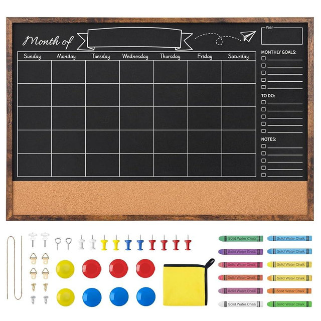 JEFURE Magnetic Chalkboard Calendar 24x36 Inches, Framed Chalk Board for Wall Organization, Planning/School Timetable/Memo, Hanging Magnetic Surface for Office, School, Home