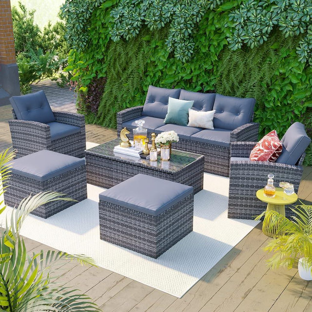 6-Piece Outdoor Dining Conversation Sectional Set, All-Weather Rattan Patio Sectional Sofa Set with Coffee Table, Wicker Sofas, Ottomans, Free Combination Patio Furniture Sets for Garden, Deck, Gray