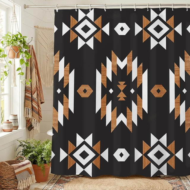 Mocsicka Western Aztec Shower Curtain Boho Aztec Shower Curtain for Bathroom Vintage Geometric Ethnic Tribal Bathroom Decor Waterproof Bath Curtain with 12 Hooks (Black, 71x71 inch)