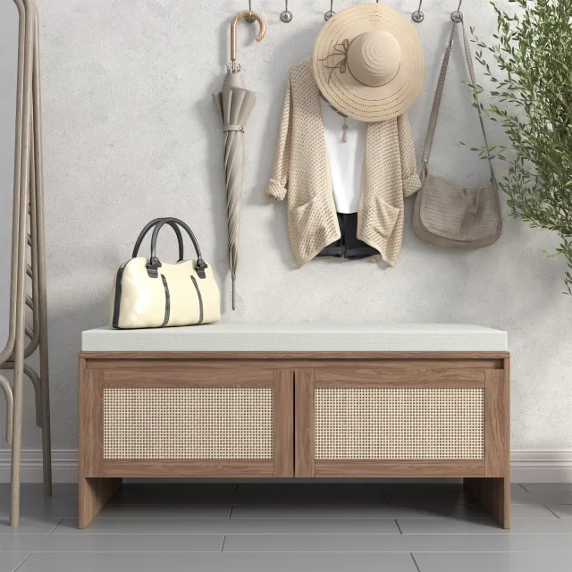 GDFStudio Gaylor Entryway Shoe Storage Bench with Faux Rattan Doors and Removable Cushion Seat, Antique Natural