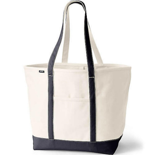Lands' End Extra Large 5 Pocket Open Top Long Handle Canvas Tote Bag
