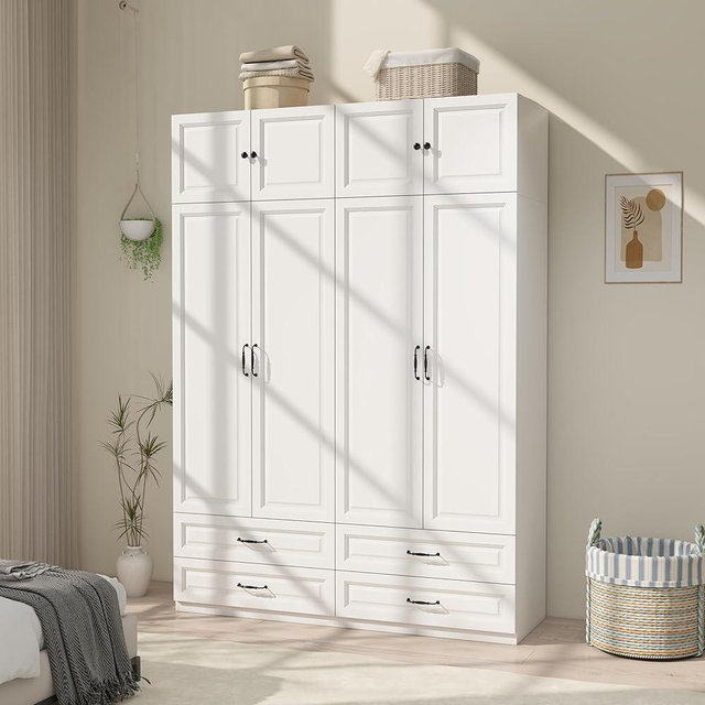 LABROSKIA Armoire Wardrobe Closet with Doors: 89" Extra Tall White Wardrobe with Storage on Top, Bedroom Armoires with 4 Doors and 4 Drawers, Large Wood Closet Armoire for Hanging Clothes (B, 63")