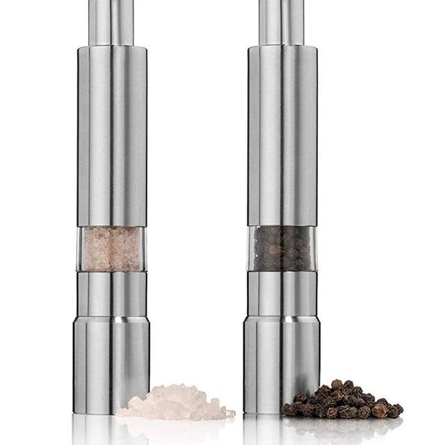 Keweis Salt and Pepper Grinder Set of 2,Stainless Steel Push Button Grinder Modern Design Thumb Grinder, for Black Pepper, Sea Salt and Himalayan Salt, Spice and Salt