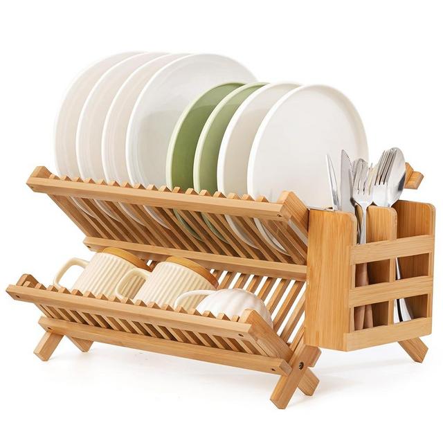 Oyydecor Bamboo Dish Drying Rack with Utensil Holder, 2 Tier Collapsible Dish Rack for Kitchen Counter, Large Folding Drying Holder, Dish Drainer, Kitchen Organizers and Storage