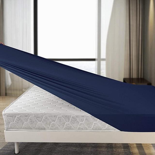 Stretch Fitted Sheet Only King Size - Jersey Knit & Ultra Soft, Non-Slip, Snug Fit for King, California King or RV/Camper Short King Sized Mattress or Box Spring (Deep: 5" to 12") - Navy