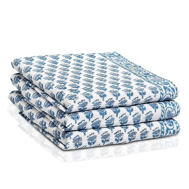 CPC Apatite Blue Hand Block Print Waffle Kitchen Towel Set of 3-16 x28 Ultra Absorbent Quick Dry Microfiber Dish Towels Lightweight Reusable Sustainable Tea Towels for Cleaning and Drying