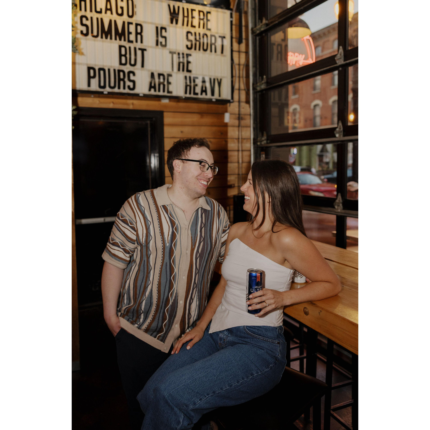 Engagement photo shoot at Happy Camper, one of our favorite spots for pizza!