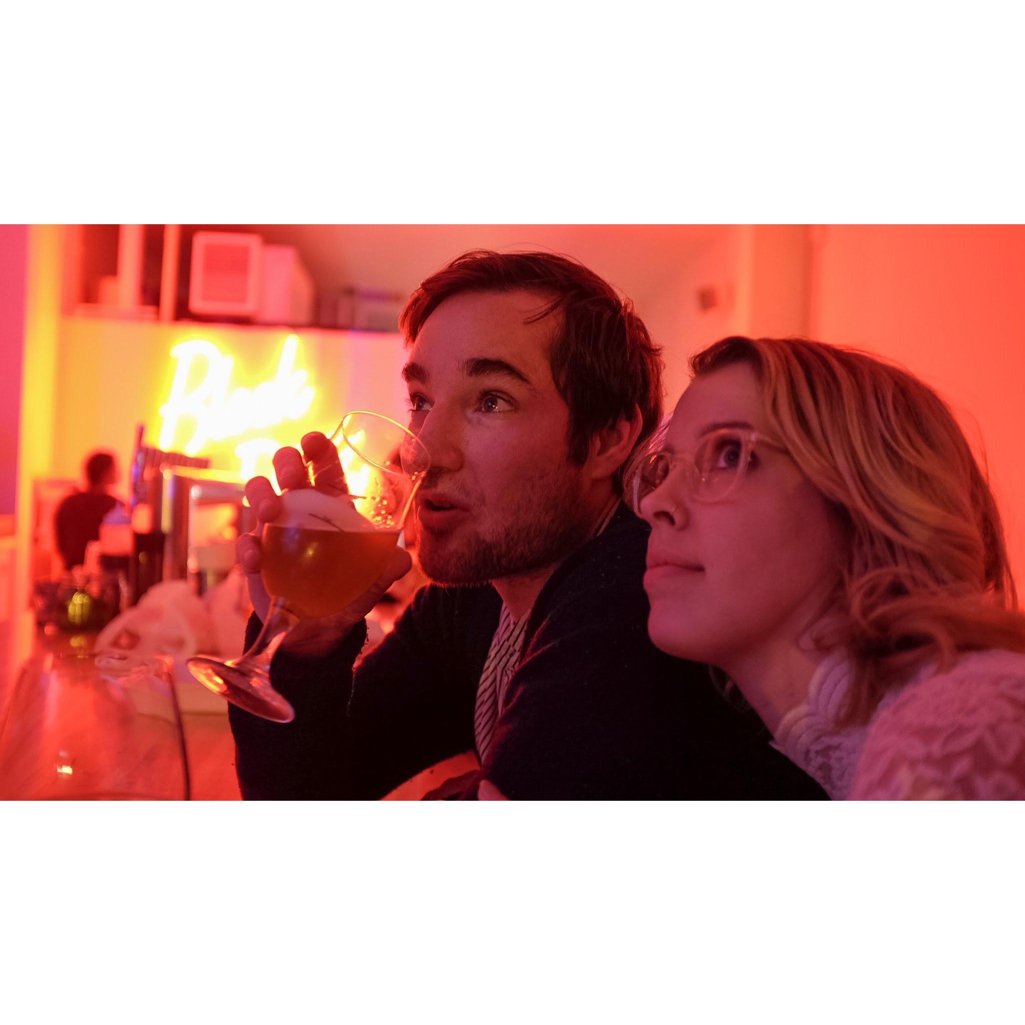 Nervously watching election results at a local bar, 2016