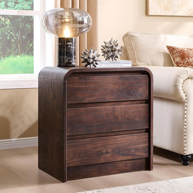 Aitjunz 25" Tall Modern Nightstand with Charging Station, 23.6'' Wide Wood Bedside Table w/3 Storage Drawers, Small Dresser w/Curved Profile Design, End Table for Bedroom, Brown