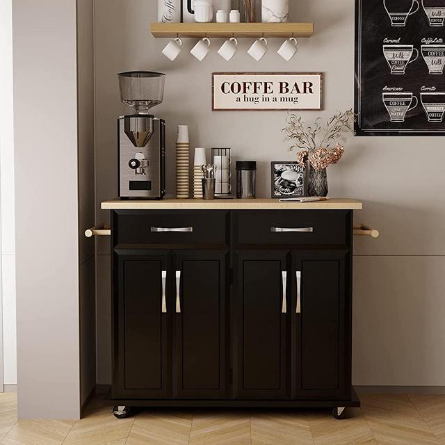 Kitchen Islands with Storage, Kitchen Carts and Islands Rolling Kitchen Island Storage Cabinets with Drawers, Lockable Wheels, Towel Rack and Shelves in Kitchen, Dining Room, Black
