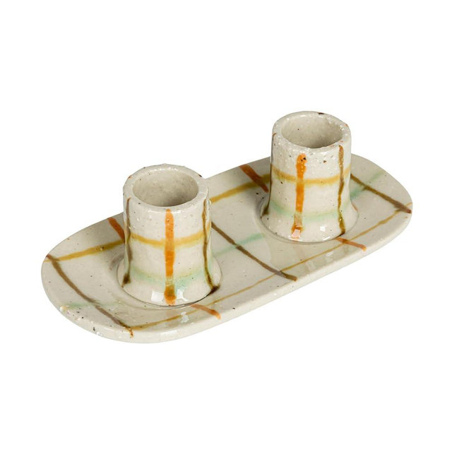 Creative Co-Op Checkered Charm Stoneware Taper Holders, Multicolor