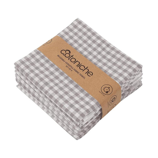 Cotoniche Gingham Kitchen Towels - Dish Towels for Drying Dishes (24" x 16") Vintage & Versatile - Perfect as Kitchen Dish Cloths, Gingham Hand Towels - (6 Pack) (Gray)