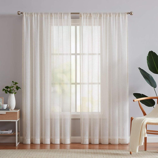 FMFUNCTEX Linen Sheer Curtains for Living Room, Beige Curtains 90 inches Long for Bedroom, Natural Flax Blend Window Draperies for Farmhouse, Rod Pocket 2 Panels